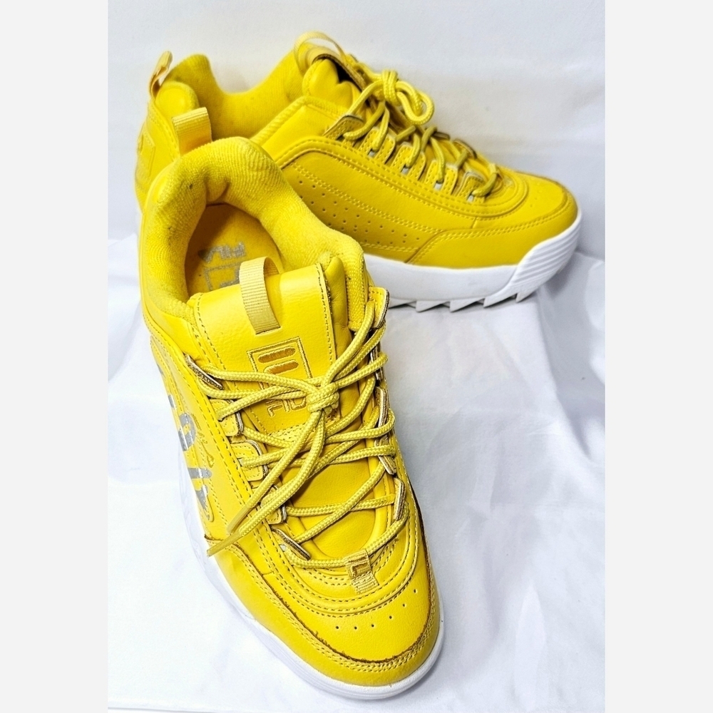 Size 6.5 Kids FILA Yellow Disruptor ll Script Sneakers